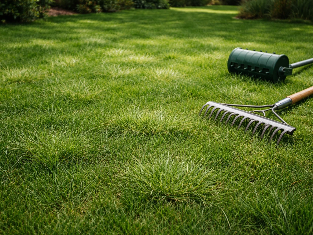 Nederlands gazon met duidelijk ijsgras tussen dichter gras, met verticuteer- en beluchtingsgereedschap op de achtergrond