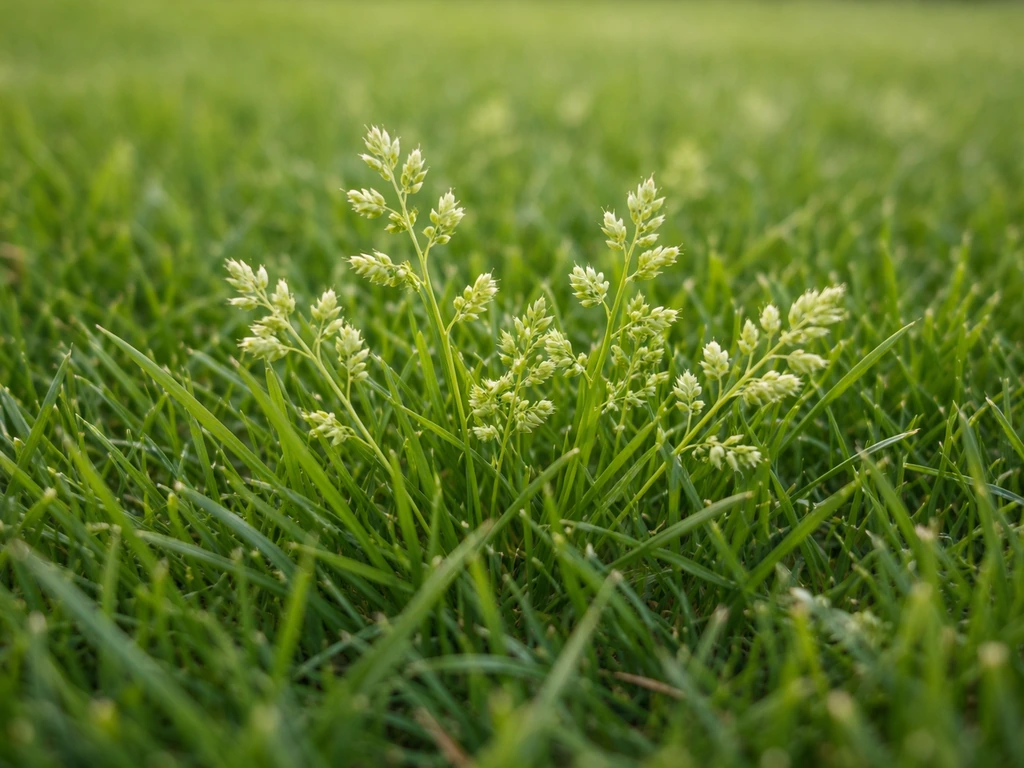 Close-up van ijsgras (Poa annua) in het gazon, met scherpe focus op bladtop en kleurverschil.