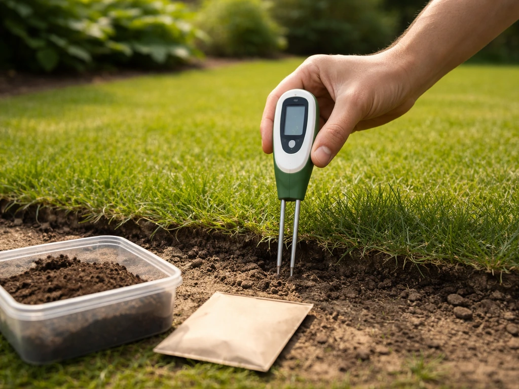 Tuinman zet een bodem-pH-meter in het gras voor pH-controle, met een eenvoudige grondmonsterbak op de grond.