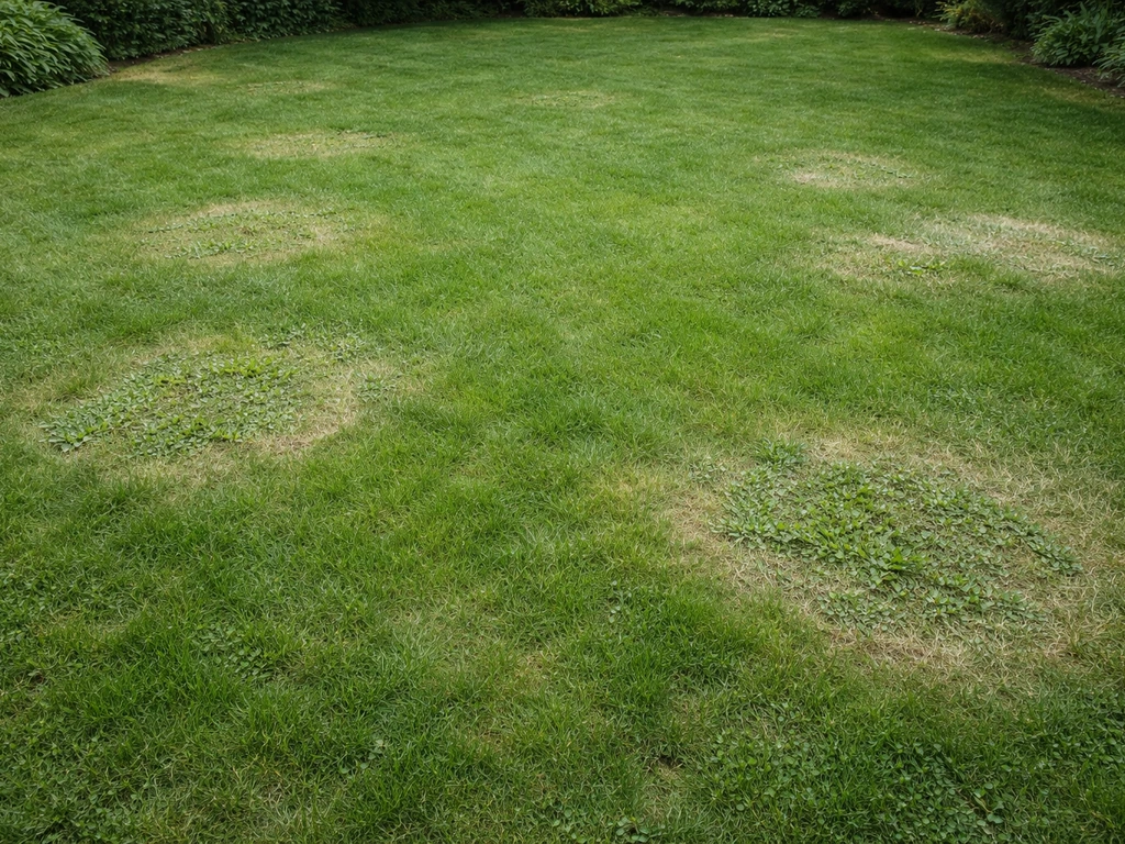 Bovenaanzicht van een gazon met zichtbare plekken waar ongewenste grassoorten tussen het gewenste gras groeien.
