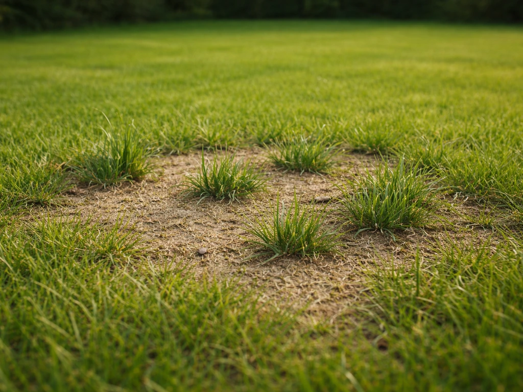 Kale plek in een gazon die wordt opgevuld door grovere, ongewenste grassprieten.