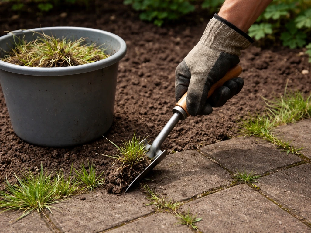 Een onkruidsteker snijdt straatgras diep uit; uitgestoken polletjes liggen in een emmer in de tuin.