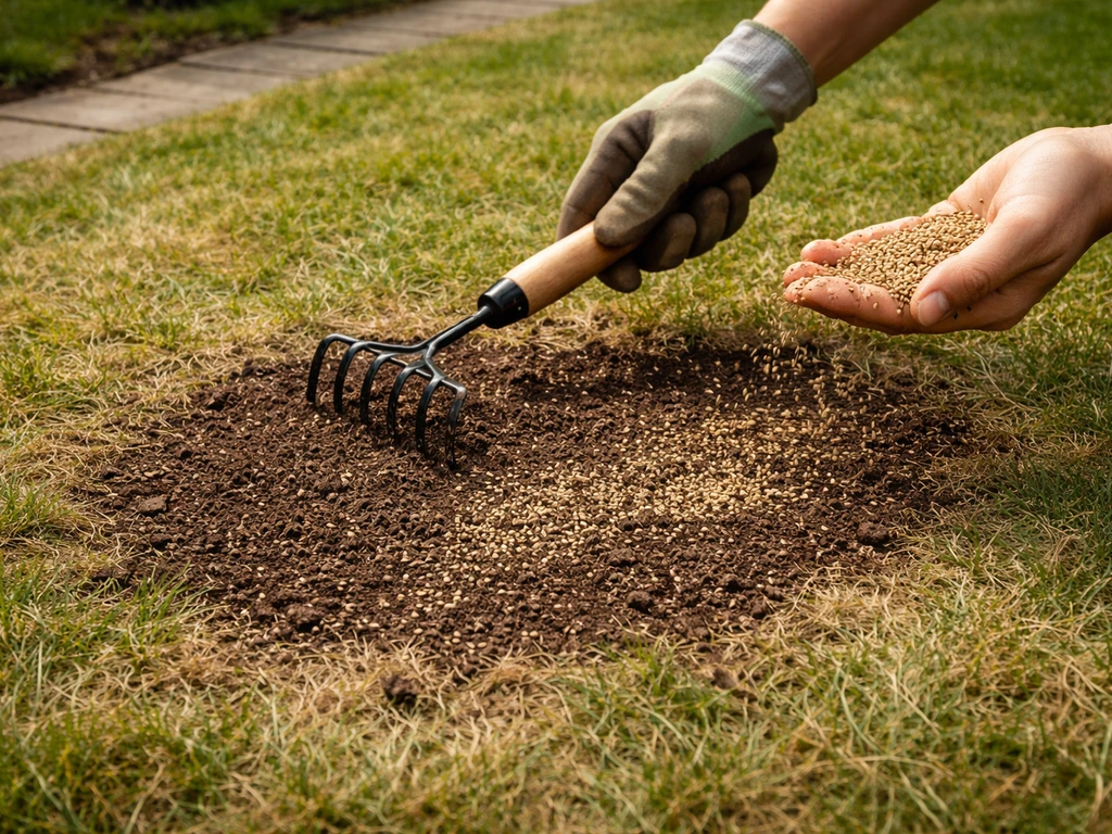 Close-up van handen die kale grasplekken egaliseren en vers inzaaien met zaaiklaar in de tuin.