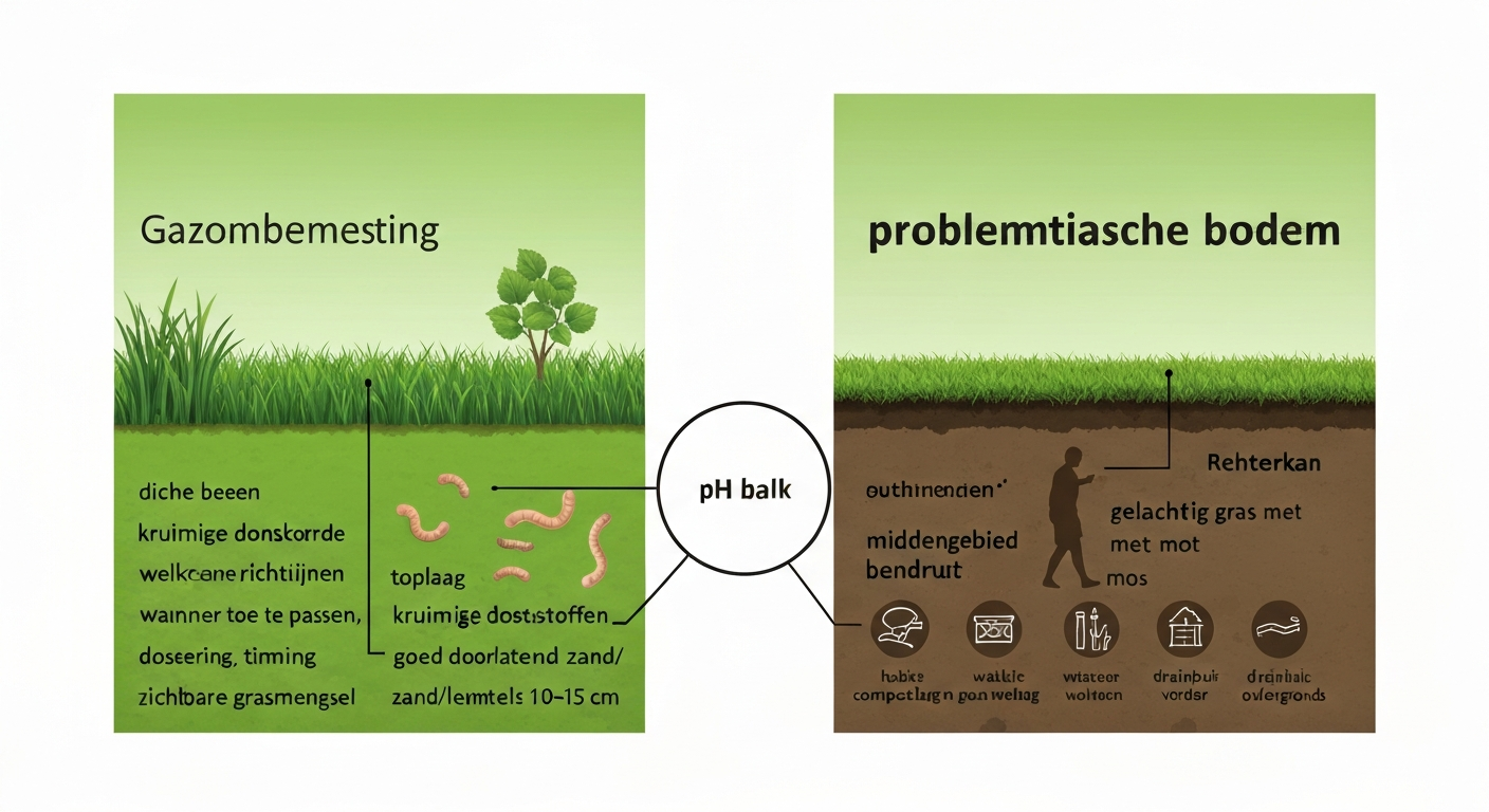 Dwarsdoorsnede van gazon met gezonde en problematische bodemhelft: gras, wortels, compost, zand en drainage in heldere infographic-stijl