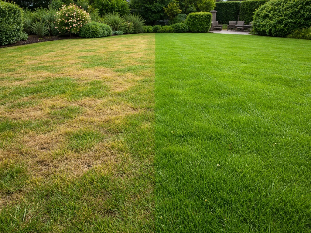 Gazon met duidelijke gele/bruin verbrande mestplekken naast een groen herstellend stuk na doorspoelen.