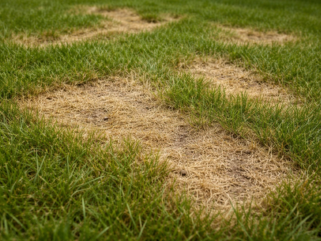 Close-up van gele en bruine verbrandingsplekken op gazon door te veel mest.