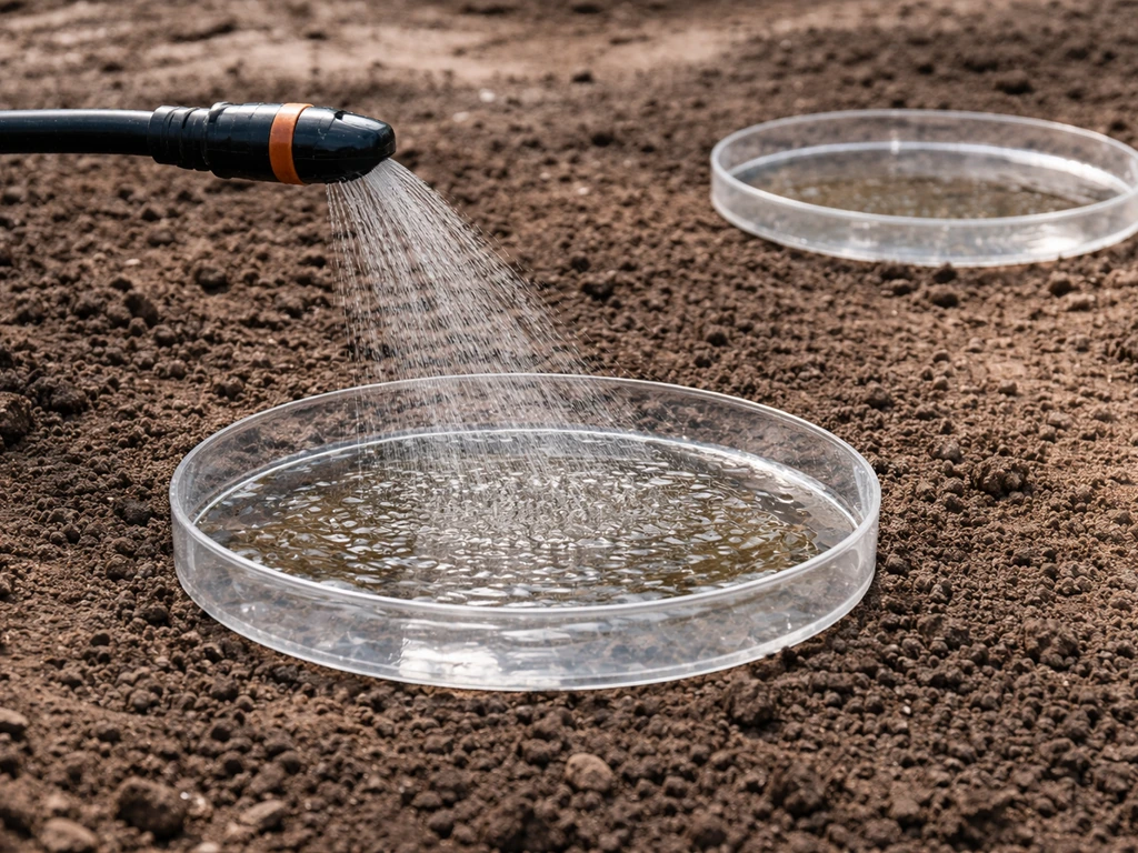 Een sproeikop die dun water op aarde laat vallen, met transparante meetringen om de hoeveelheid te tonen.