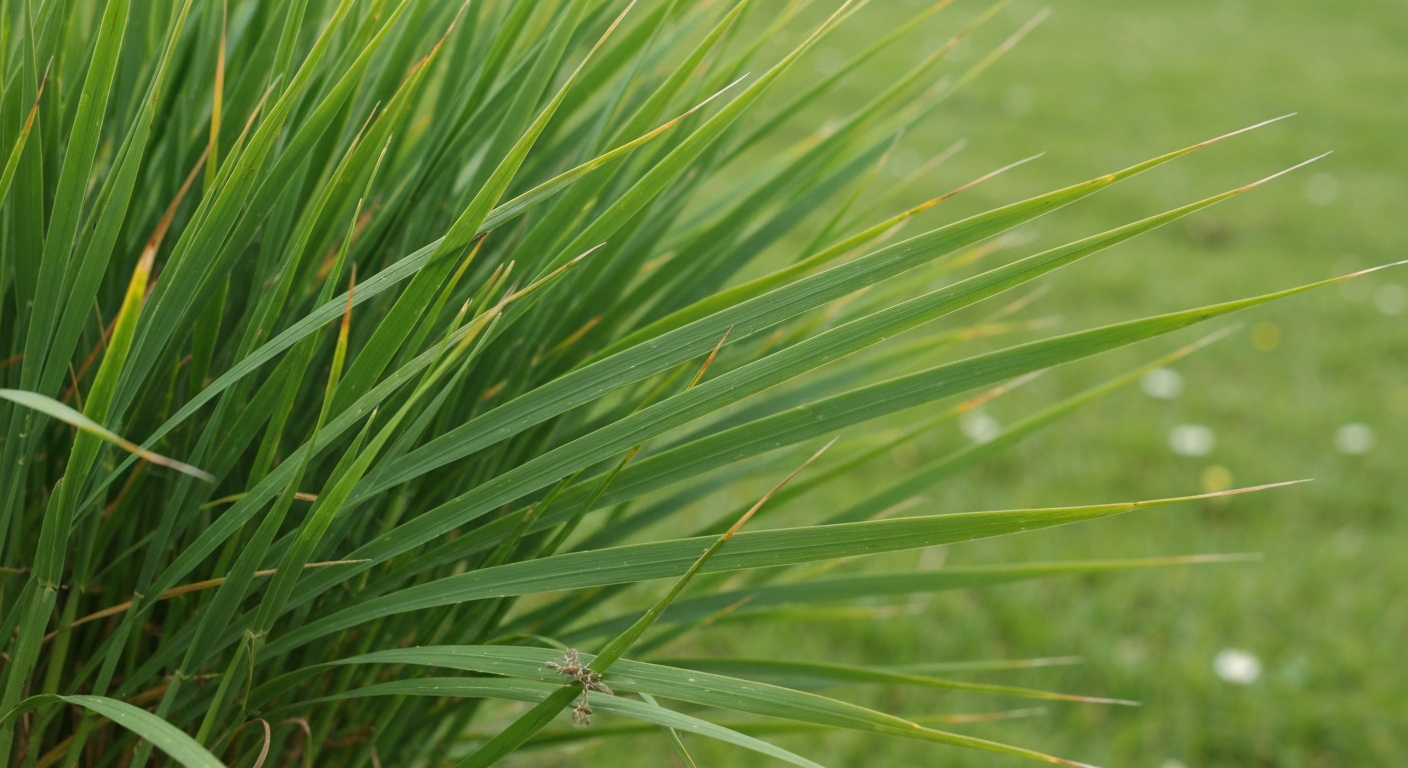 Gezond veldbeemdgras (Poa pratensis) gazon in Nederlandse achtertuin, close-up van bladstructuur en rhizoom, vroege lente, dauw op het gras.
