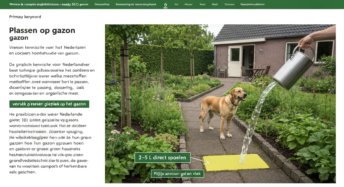 Persoon giet water uit gieter over verse hondenplas op gazon; toont direct spoelen (2–5 L).