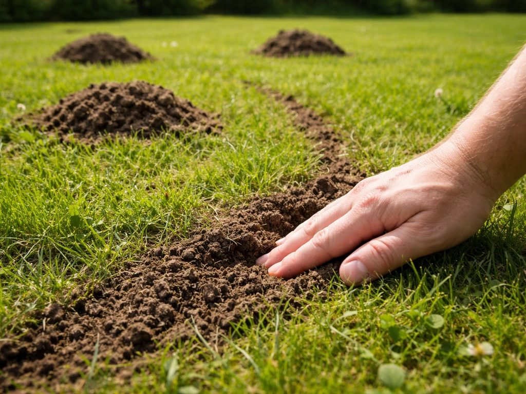 Close-up van een gazonplek met woelrat-hoopjes aarde en een hand die de grond indrukt