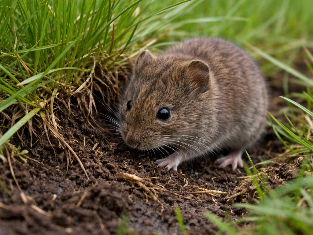 Woelrat in een Nederlands gazon foeragerend bij de wortelzone van het gras, met vochtige grond zichtbaar.