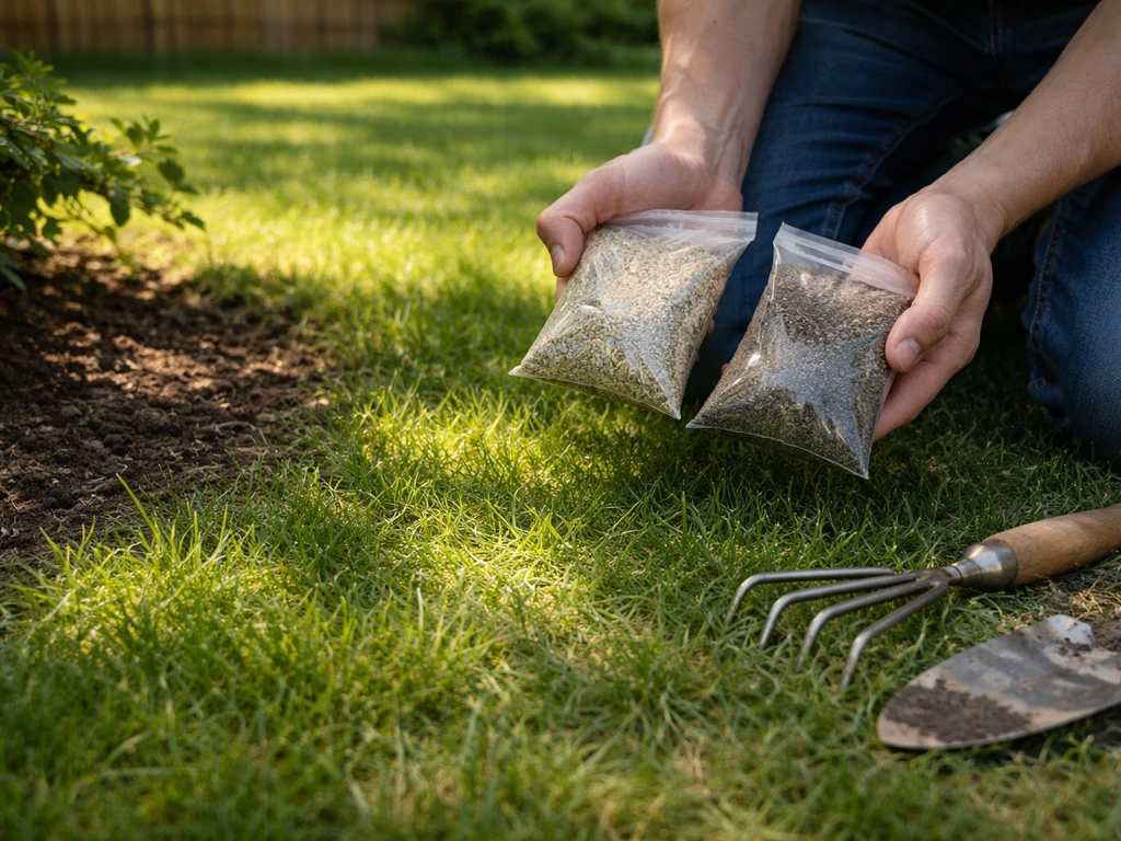 Handen met twee graszaadzakjes bij een gazonrand: zonnige plek tegenover schaduw in de tuin