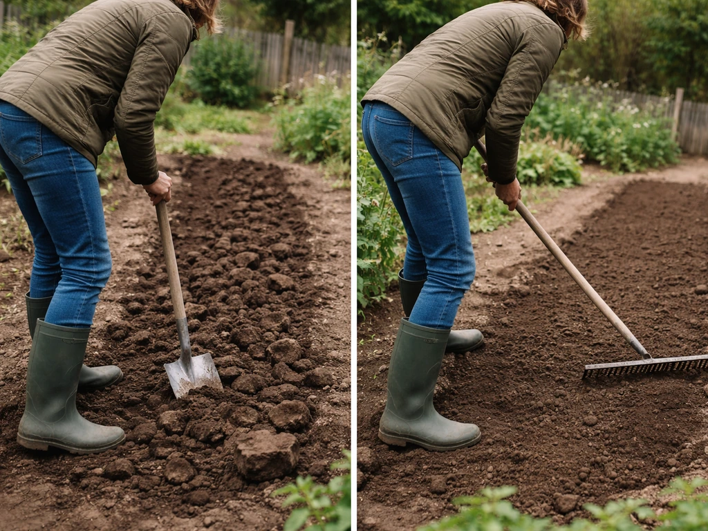 Iemand bereidt de grond met een spade en hark, de bovenlaag wordt vlak afgewerkt