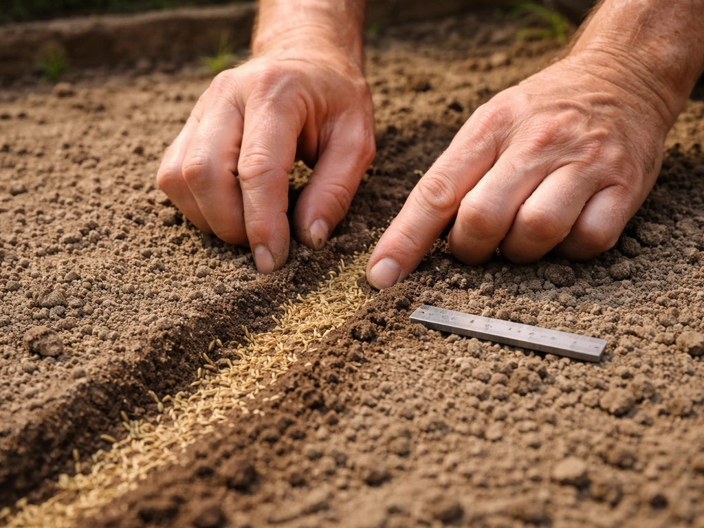 Handen leggen graszaad ondiep in de grond met een meetlatje als referentie, gelijkmatige verdeling.