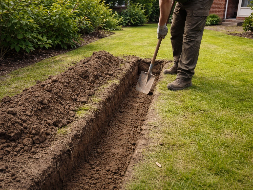 Tuinier met randschop die een smalle strook insteekt en uitgraaft voor betonnen opsluitband