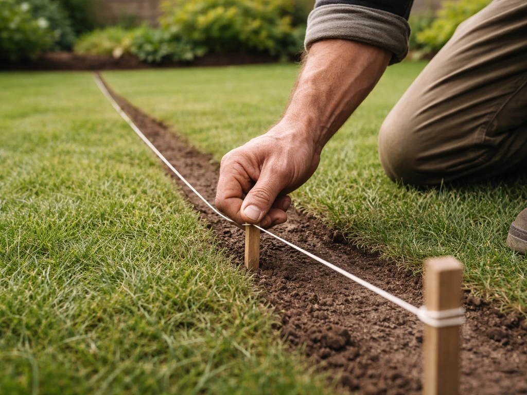 Hand spant touw/lintlat langs een lijn in de tuin met pinnen, klaar om een strakke gazonrand te maken.