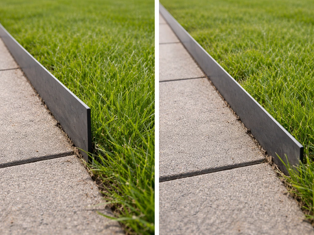 Graszodenrand met scheef/te hoog randprofiel en daarnaast een gecorrigeerd, lager profiel in dezelfde tuin.