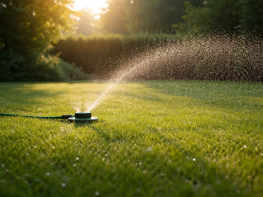 Groen gazon vroeg in de ochtend met actieve sproeier die waterdruppels spuit in fel maar milder zonlicht