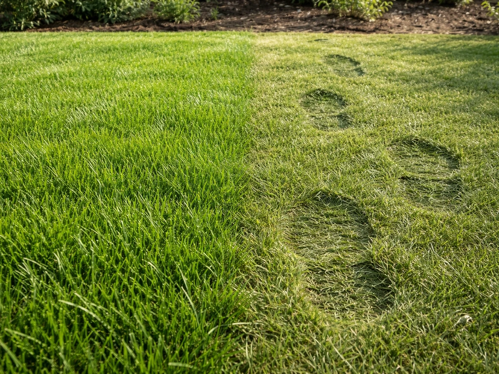 Gazon close-up met twee zones: fris, veerkrachtig gras en minder veerkrachtig gras met zichtbare voetsporen.