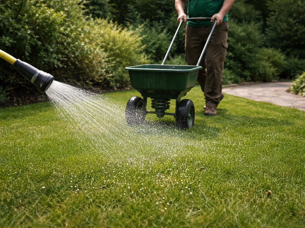 Anonieme tuinier bij een gazon met strooier en een tuinslang die het gemeste gras licht beregent