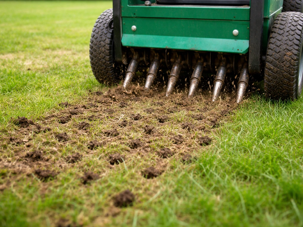 Een hand-/machinebeluchter maakt gaatjes in een groen gazon, met losse aarde zichtbaar.