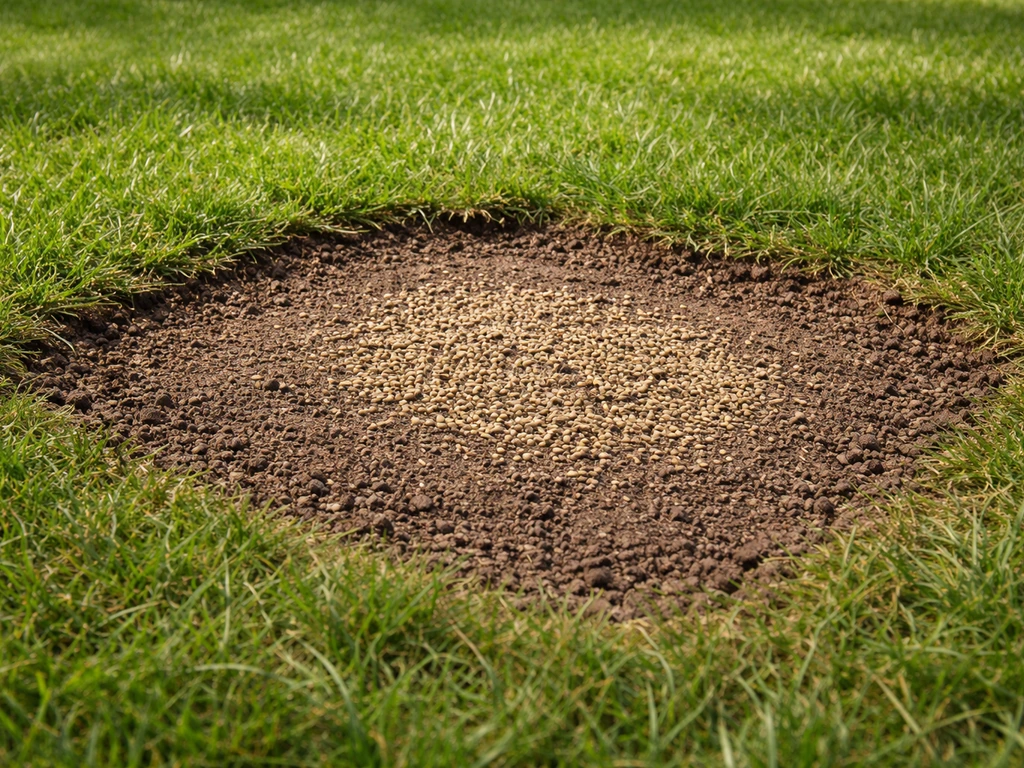 Losse uitgestoken plek in een gazon met omgewerkte toplaag, ingegraven compost/tuinzand en ingezaaid graszaad.