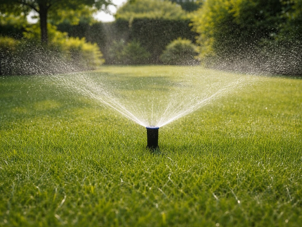Groen gazon dat met een sproeier wordt beregend, met zichtbare waterverneveling op het gras.