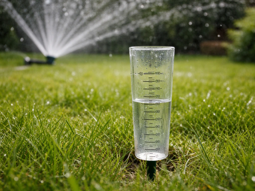 Regenmeter met meetnauwkeurige schaal in de sproeizone, met tuinsproei-installatie op de achtergrond.