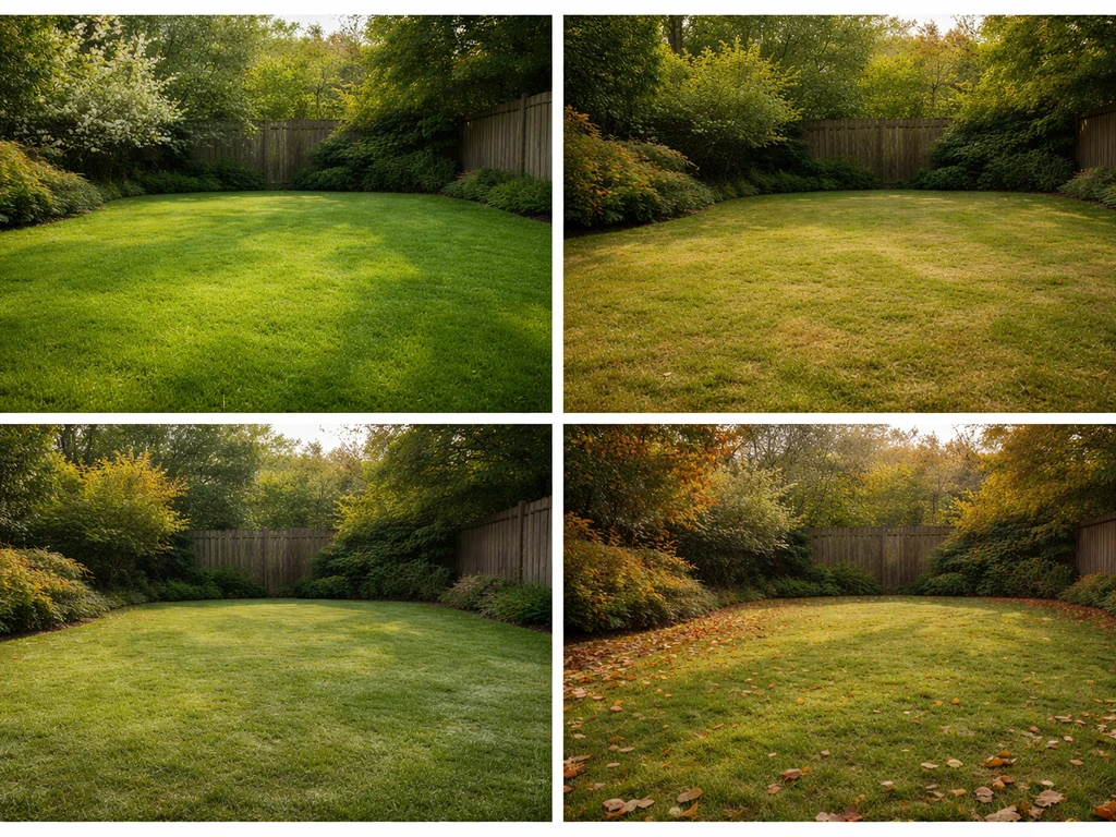Vier foto’s naast elkaar met een tuin in lente, zomer, herfst en winter—vochtig tot droog gazon zonder tekst.
