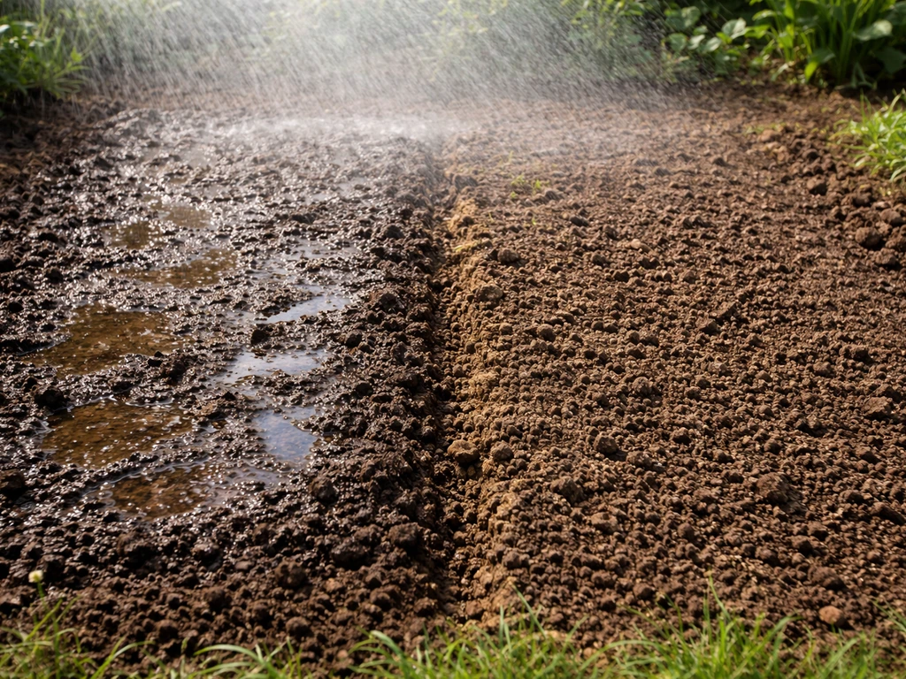 Besproeide, verdichte grond met plassen op het oppervlak en naastgelegen beter doorlatende bodem zonder plasvorming.