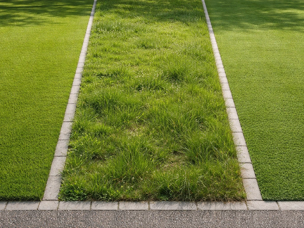Vergelijking van strak gazon, natuurlijk grasland en kunstgras naast elkaar in een tuin.