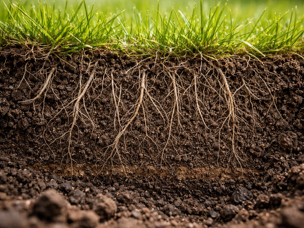 Close-up van een bodemdoorsnede met kruimelige grond en gezonde graswortels, die wortelgroei toont