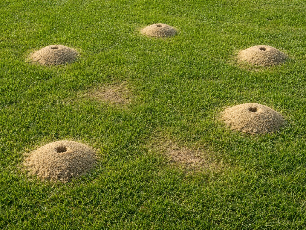 Bovenaanzicht van een gazon met meerdere gele weidemier-heuveltjes en enkele droge plekken