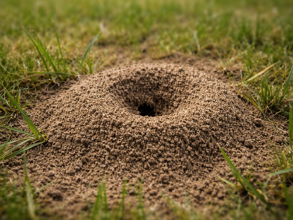 Close-up van een mieren-nestkoepel in het gazon met opgewoelde grond en lokaal doorbroken grasdek.
