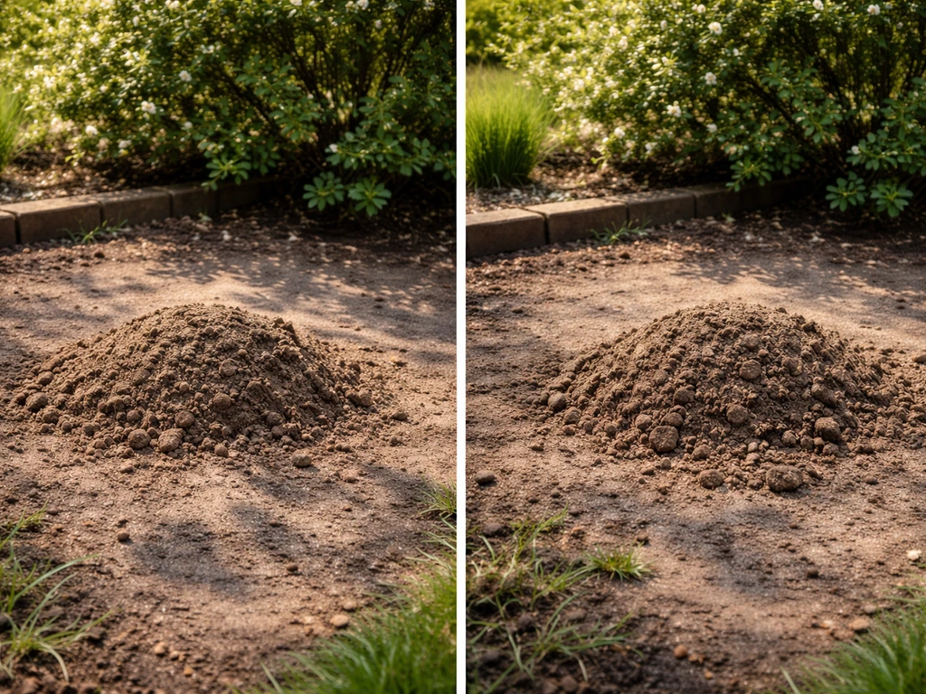Minimalistische tuinclose-up van een aardehoopje met zichtbaar hoogteverschil, alsof het na 1–2 weken hergroeit.