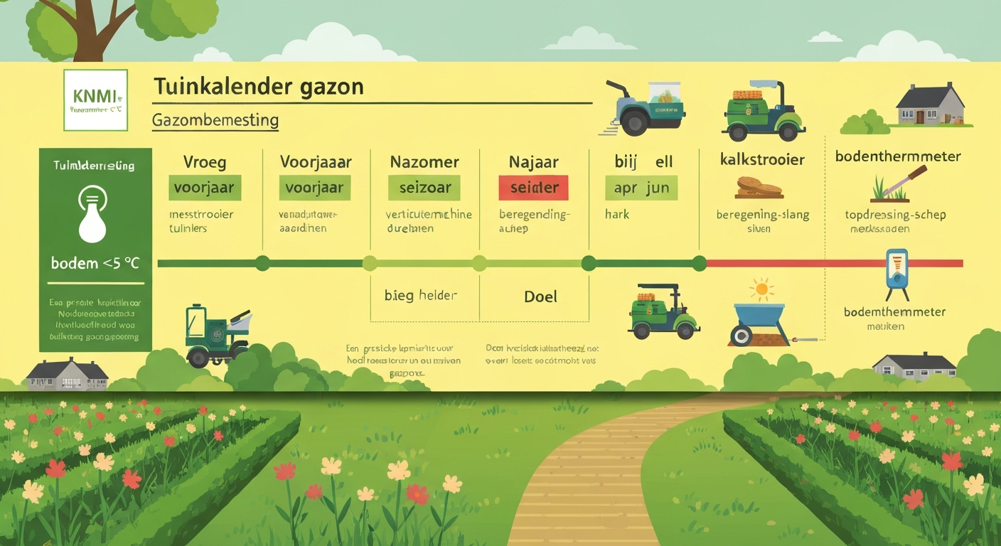 Bannerinfographic tuinkalender gazon met seizoenstimeline en pictogrammen voor maaien, bemesten, verticuteren, beregenen en topdressing
