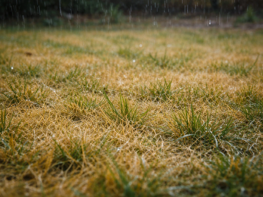 Close-up van geel verkleurd gazon met regen die op grasbladen slaat, in een rustige Nederlandse tuinsetting.
