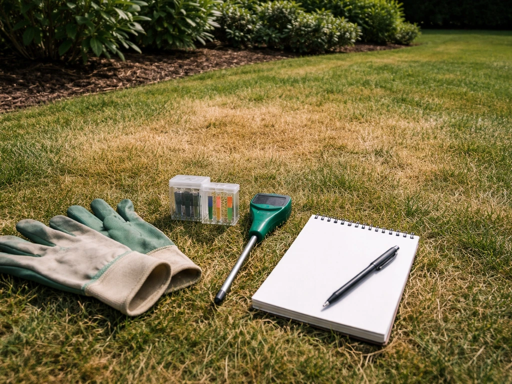 Gele plekken in een Nederlands gazon met tuinhandschoenen, pH-testkit en vochtmeter naast een notitieblok.