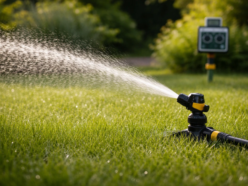 Sproeikop die water verdeelt over een gazon, met lichte achtergrond die tijdstipinstellingen suggereert.