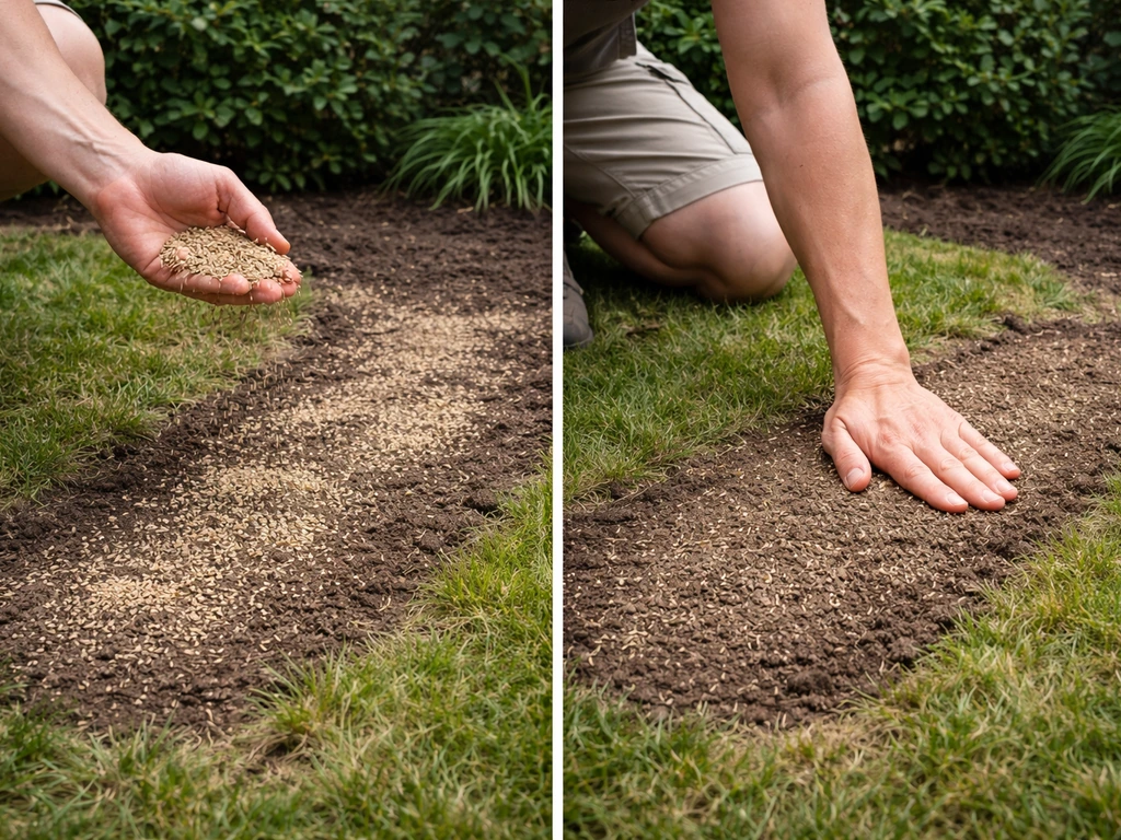 Anonieme persoon drukt ingezaaid graszaad licht aan op een kale strook in een Nederlandse tuin.