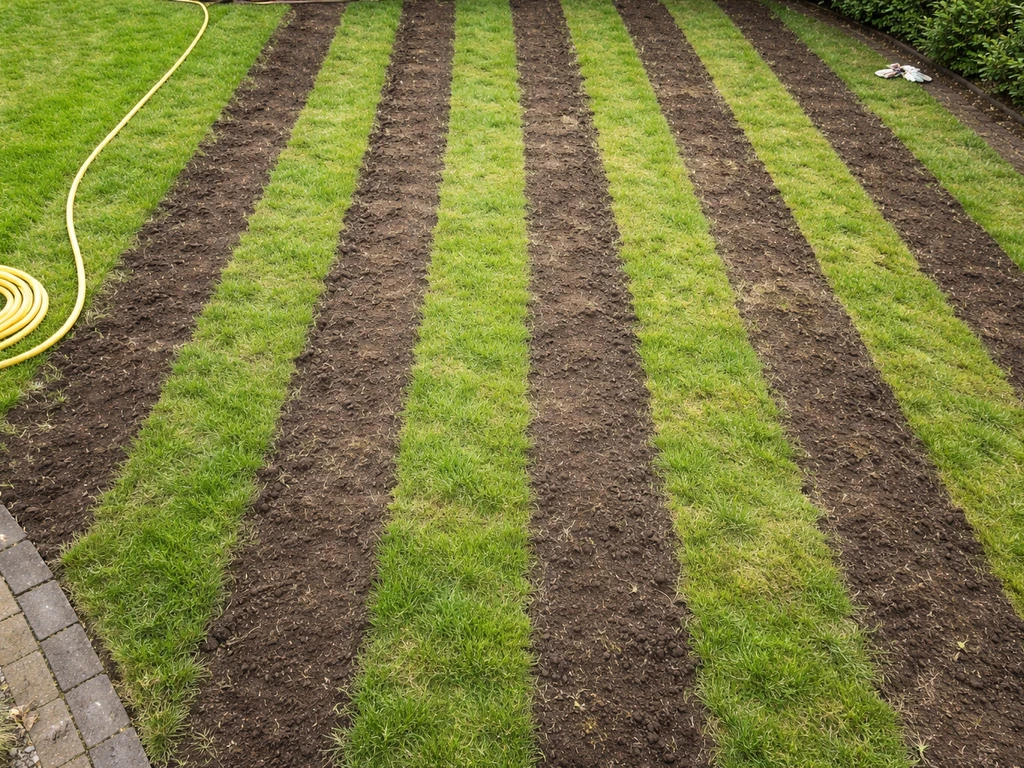 Bovenaanzicht van een ontmosser gazon met schone stroken en fris herstellend gras na het verwijderen van mos.
