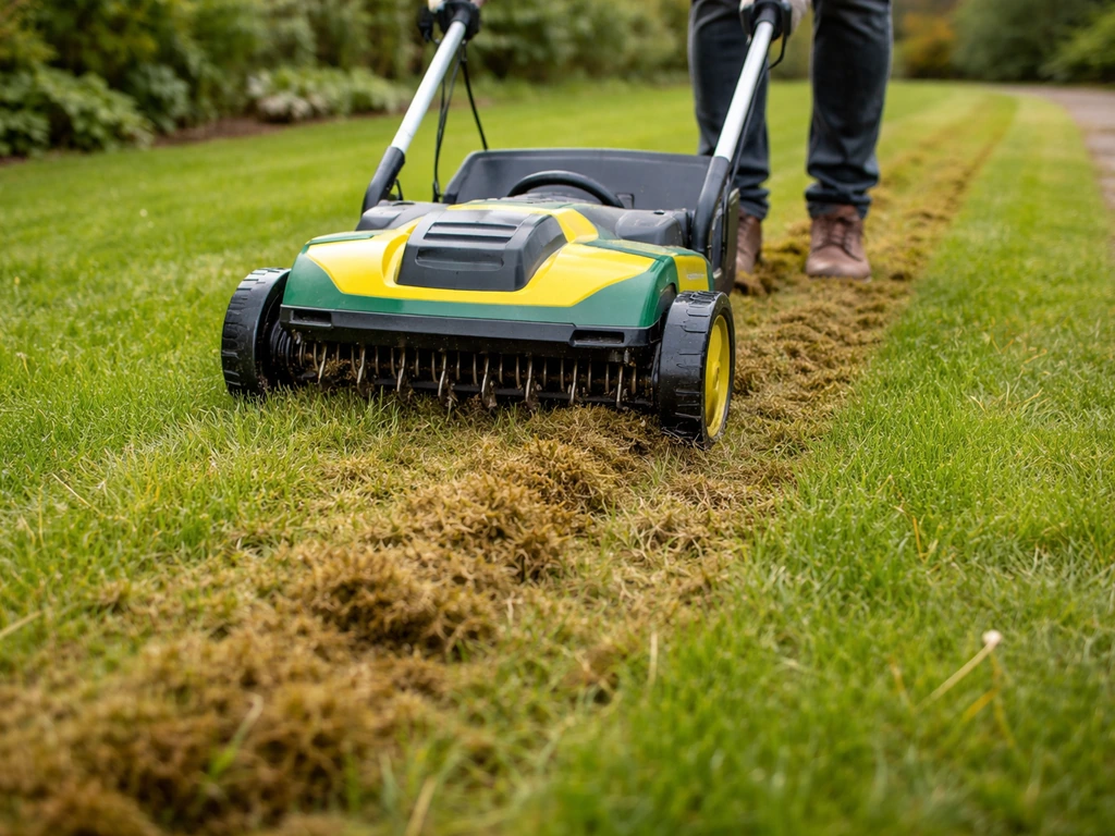 Ontmosser/verticuteermachine kruist het gazon; messen zijn zichtbaar tijdens het ontmossen.