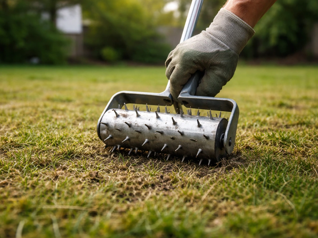 Tuinman belucht het gazon met een prikgatenapparaat direct na het ontmossen, groene graspolen en bodem zichtbaar.