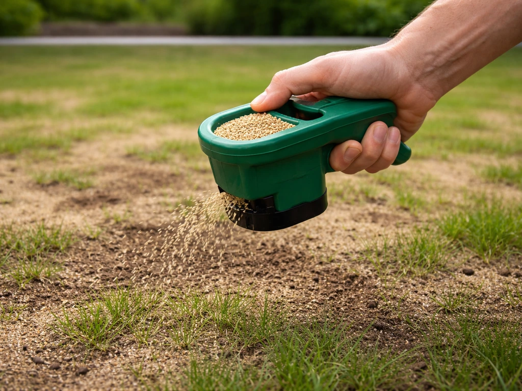 Hand strooit graszaad op kale plekken in het gazon, met lichte bedekking van zand/compost zichtbaar.
