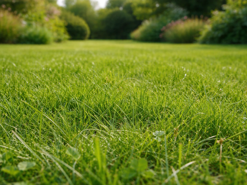 Gezond, mosvrij natuurlijk gazon met gevarieerde grasmat en subtiele weide-uitstraling in een rustige tuin