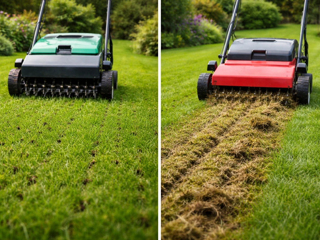 Twee aparte, minimalistische tuinbeelden: beluchten met prikkelmachines op gras en verticuteren met mes op gras
