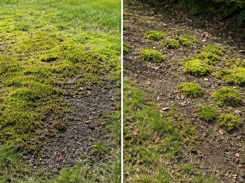 Close-up van natte verdichte en schaduwrijke mosplekken op een gazon, met weinig gras eromheen.
