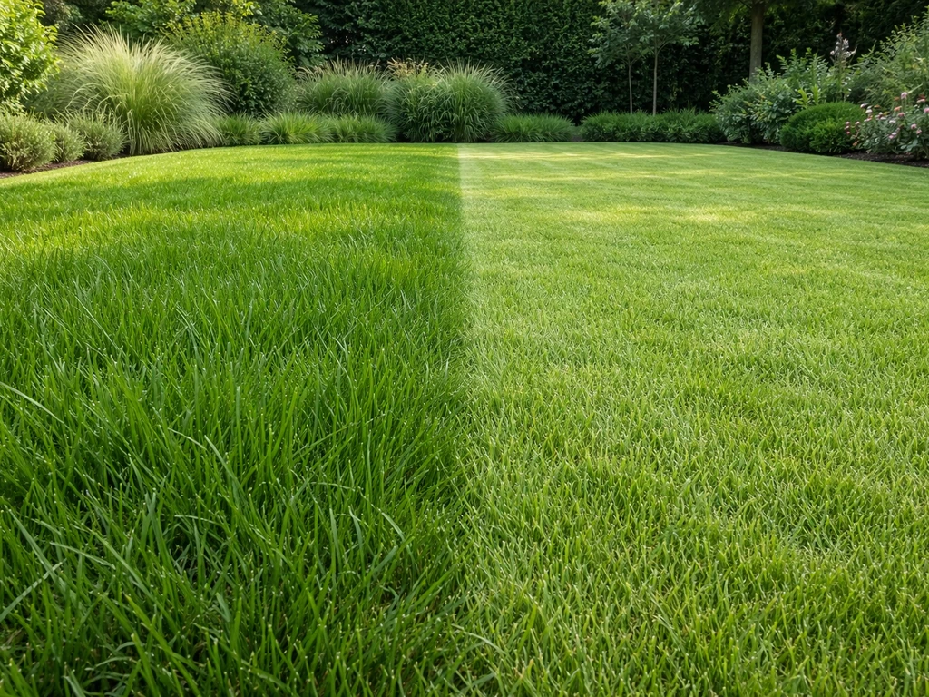 Links overbemest, dicht en donker gazon; rechts gelijkmatig en gezond natuurlijk gras in één tuinbeeld.
