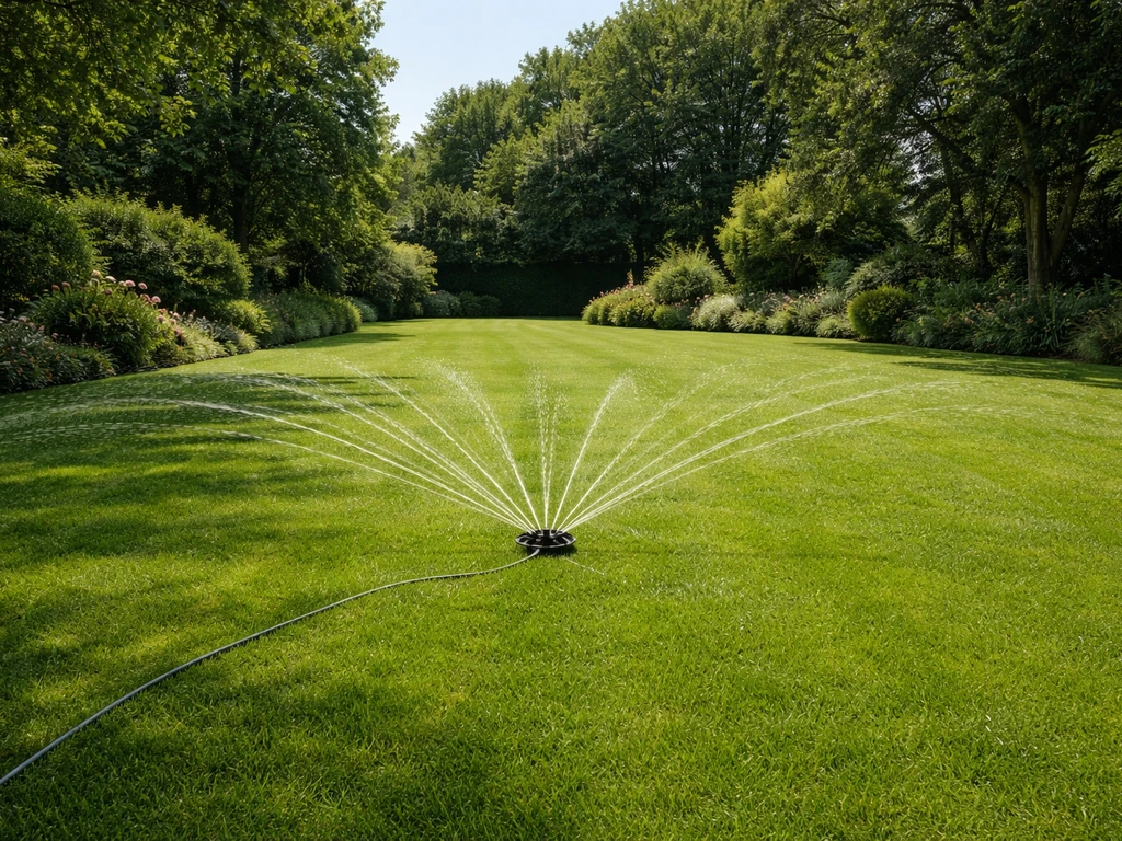 Groot groen gazon in een tuin met een sproeier die gelijkmatig water geeft over het gras.