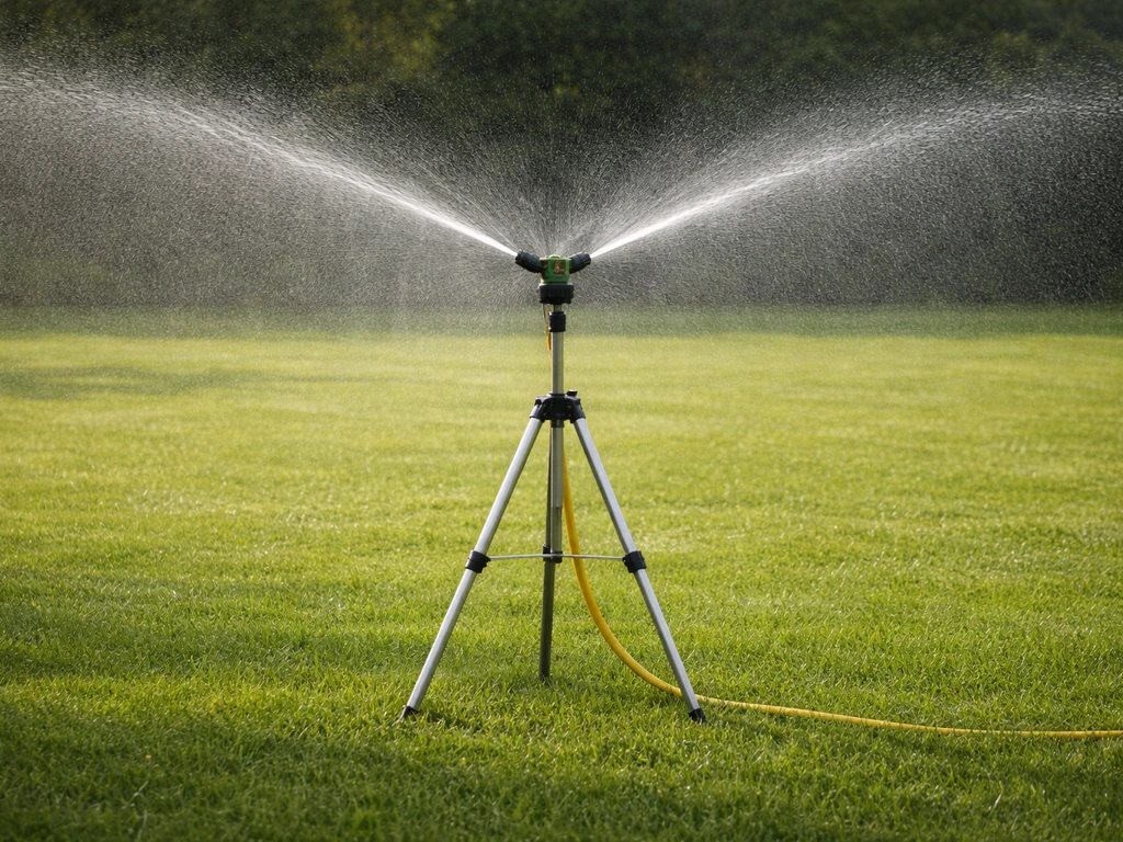 Oscillerende sproeier op statief besproeit een groot gazon gelijkmatig, waterbogen zichtbaar op het gras.